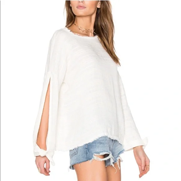 McGuire Linen Cotton Blend Split Long Sleeve Tie Top Blouse S Textured Luxury - Picture 2 of 16